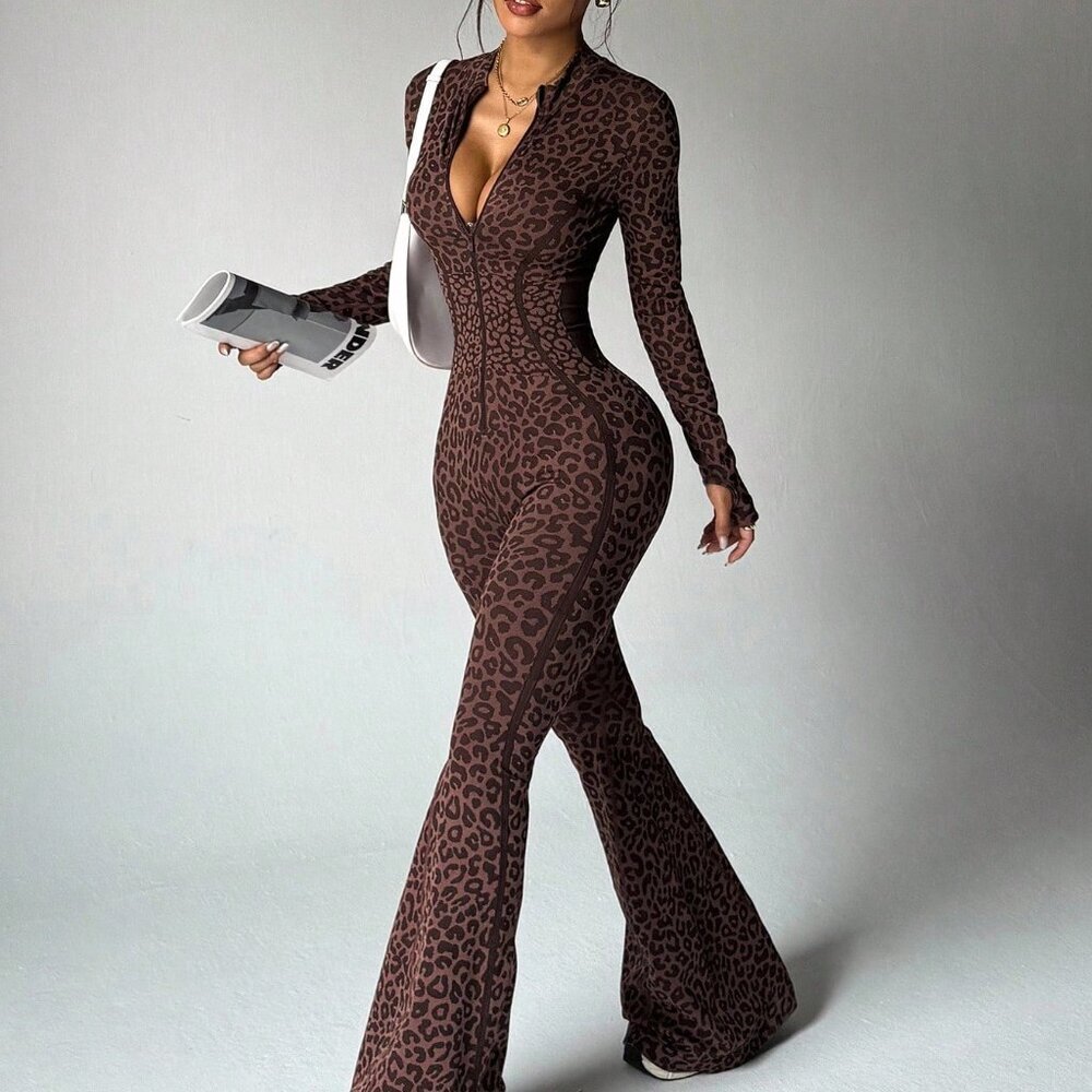 Coffee Brown Sexy Women's Seamless Leopard Flared Jumpsuit